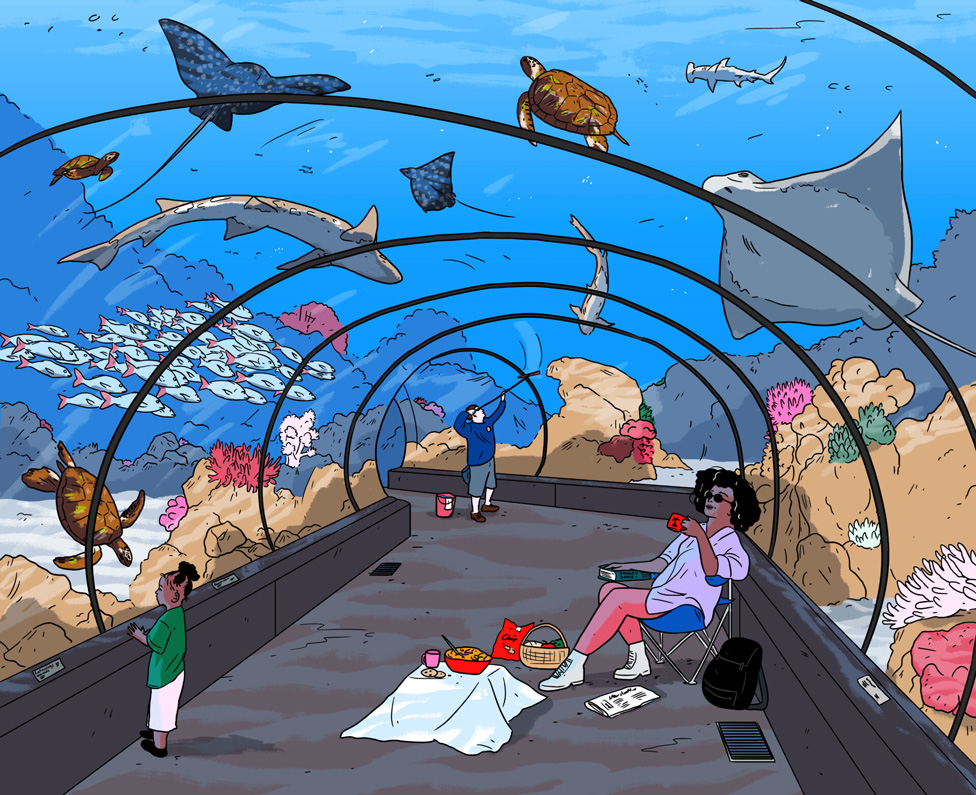 woman drinking coffee and sitting in aquarium