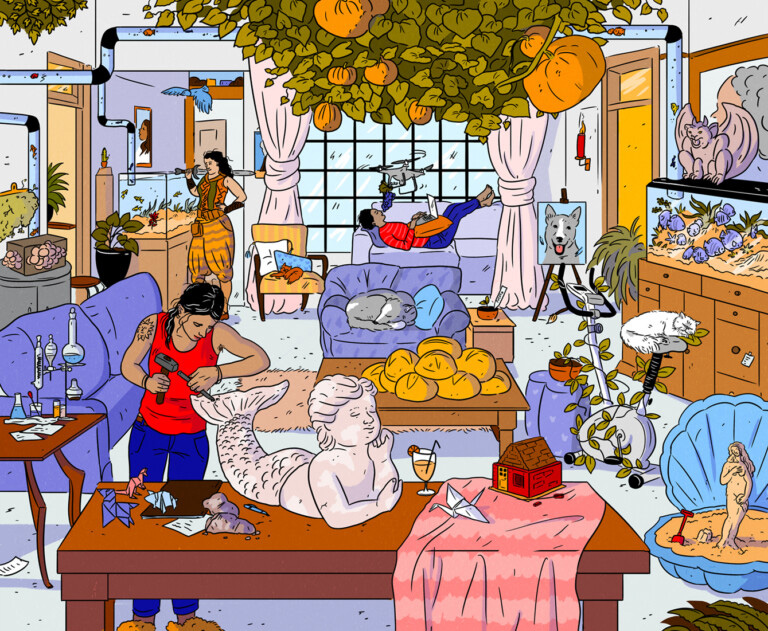 3 women working in their living room surrounded by plants and fishes