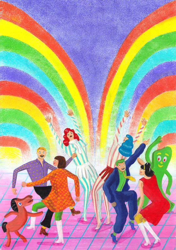 dancing people in front of rainbow with a wooden red pony
