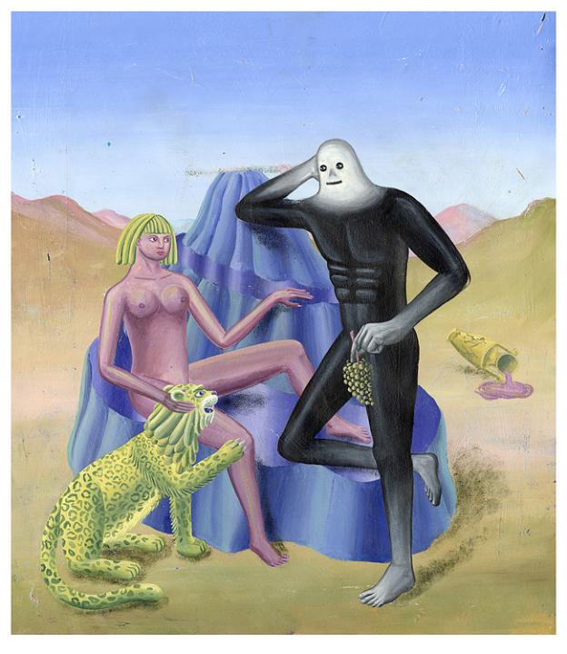 naked woman with a leopard and a man in a black suit in a surreal landscape