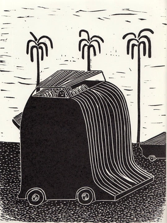 drawing of a comic character in a huge car in front of palm trees
