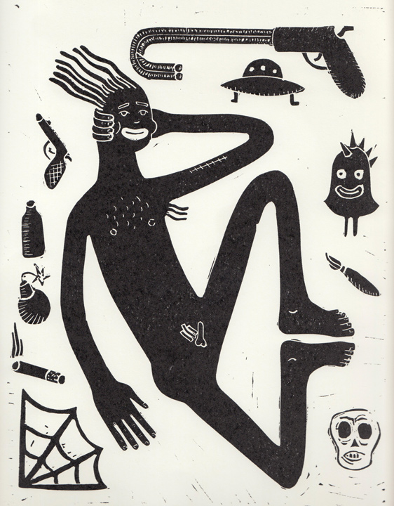 drawing of a chilling naked man with strange devices around him