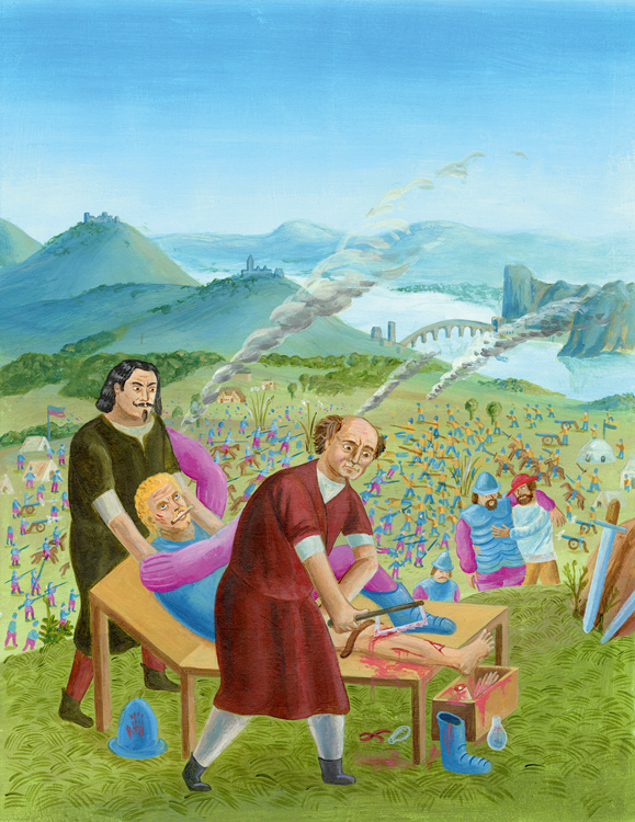 a doctor amputates a soldier's leg with a saw in historical battle scene