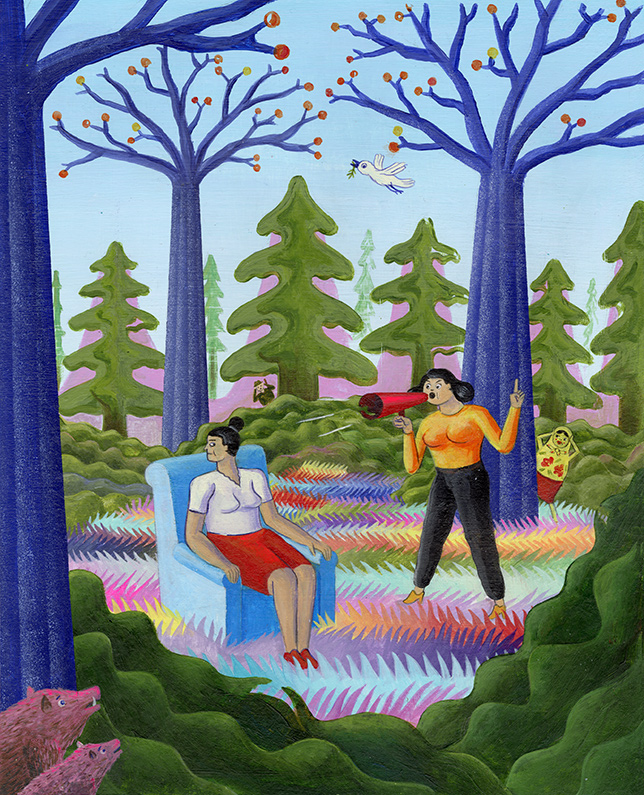 a woman shouting with her mother in the woods