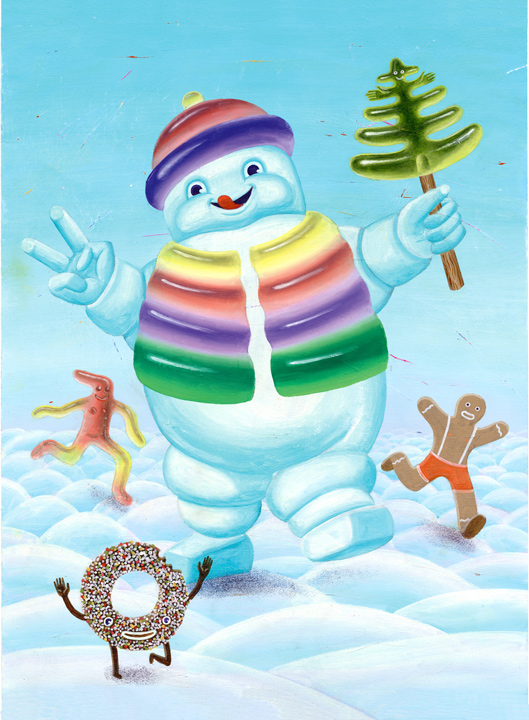 huge snowman with running candy man and cookie 