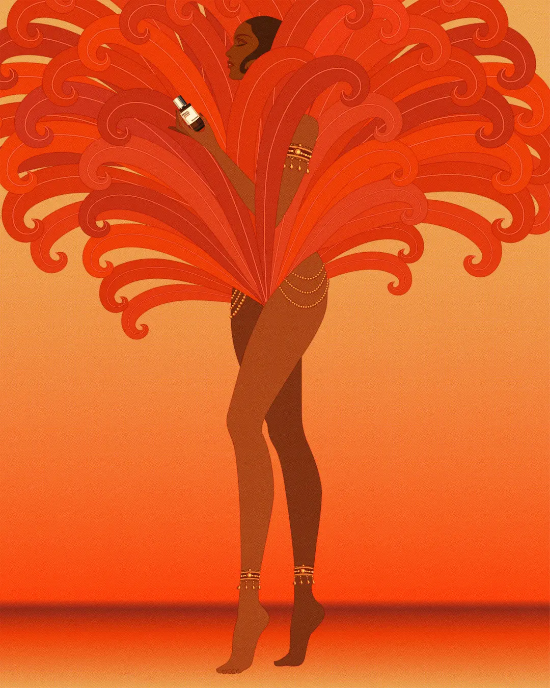 dancing woman with orange feathered headdress 