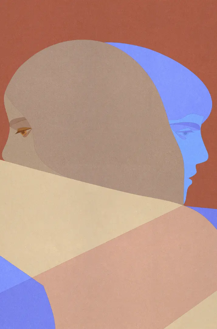 male and female faces hugging
