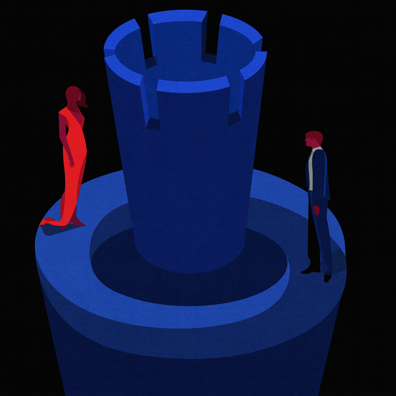 man and woman on the top of a huge flacon 
