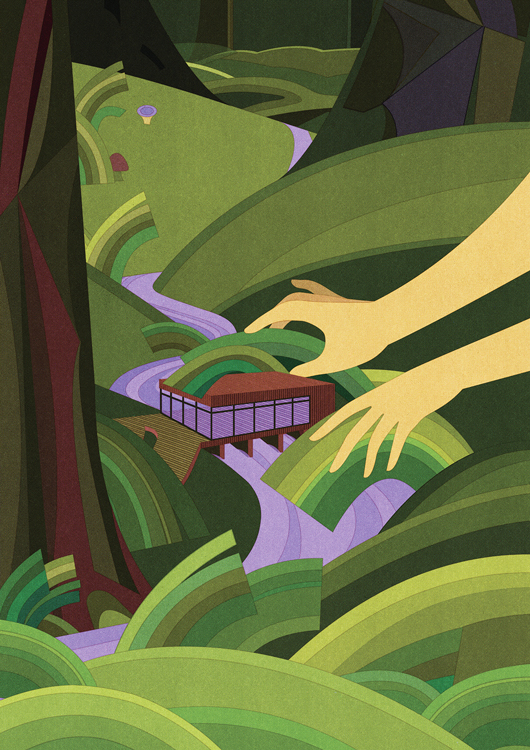 hands in the forest with a wooden house