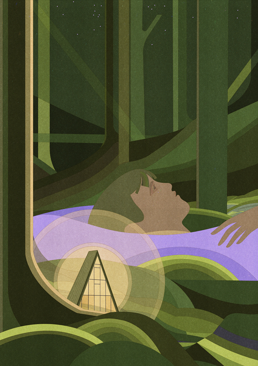 young man lying between trees