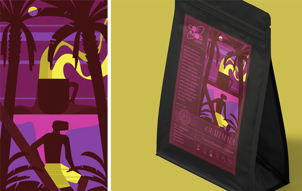 coffee package and purple illustration with palm trees and coffee mug