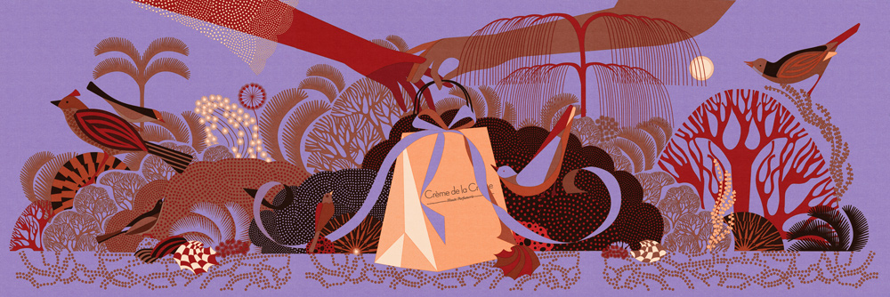 decorative plants and birds behind a gift bag
