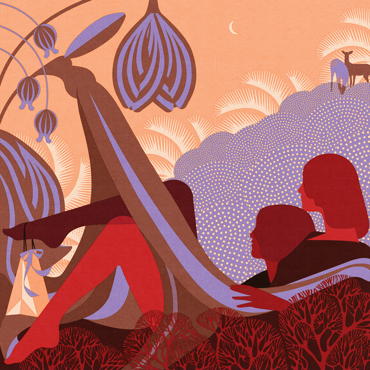 couple and deers in a decorative landscape