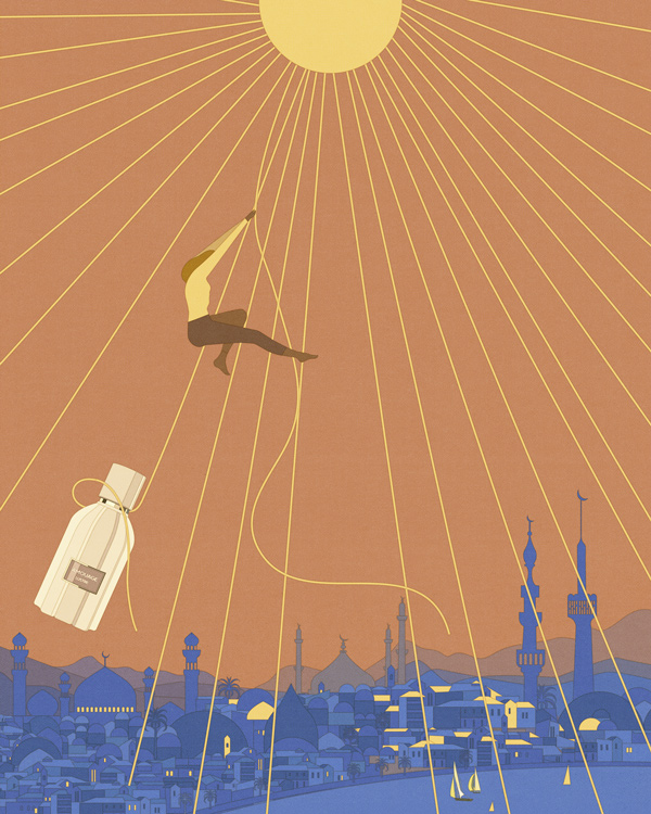 woman climbs on sunbeams high above the city of oman 