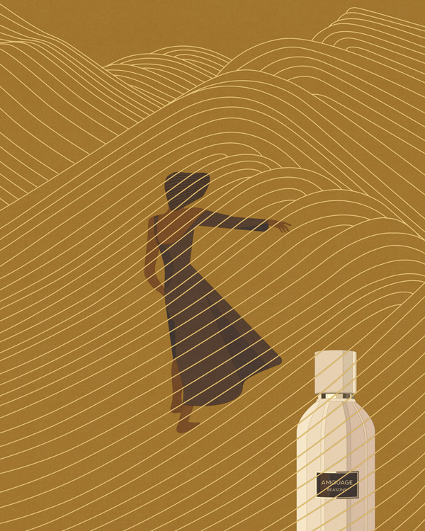 dune landscape made of lines with young woman and perfume bottle