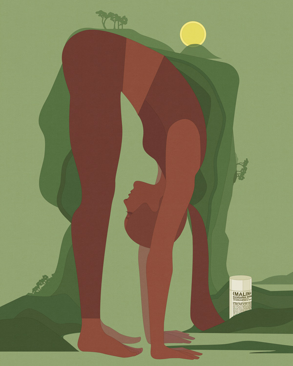 young gymnast with green landscape on her back stretches hands on floor