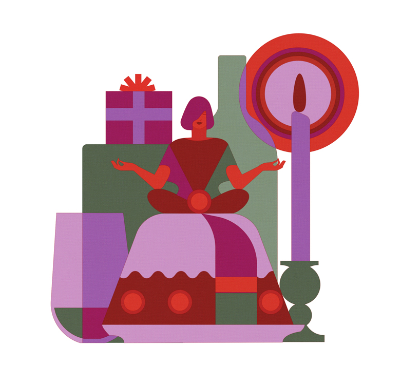 meditating woman on a Christmas cake with presents 