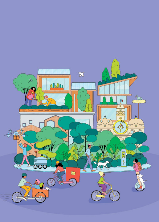 people on bikes in front of house with trees 