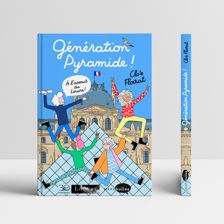 four teenagers jumping in front of the museum Louvre in Paris 