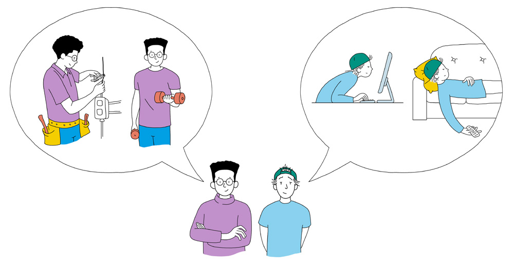 cartoon with 2 young men talking about work and leisure activities