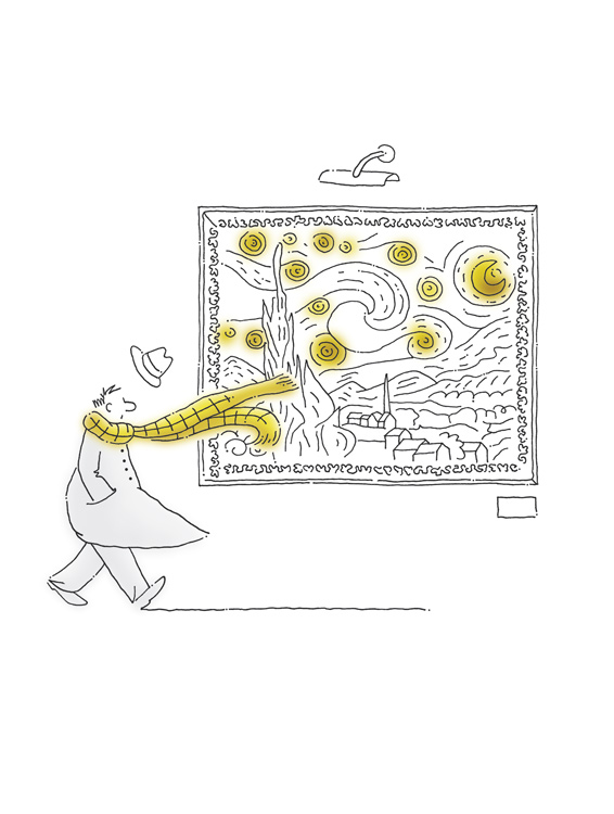 man with a flying scarf in front of a painting by Van Gough that shows windy clouds