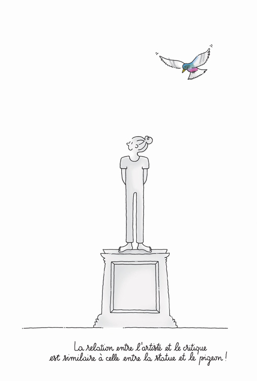a sculpture of a young girl with a dove above her and text in French