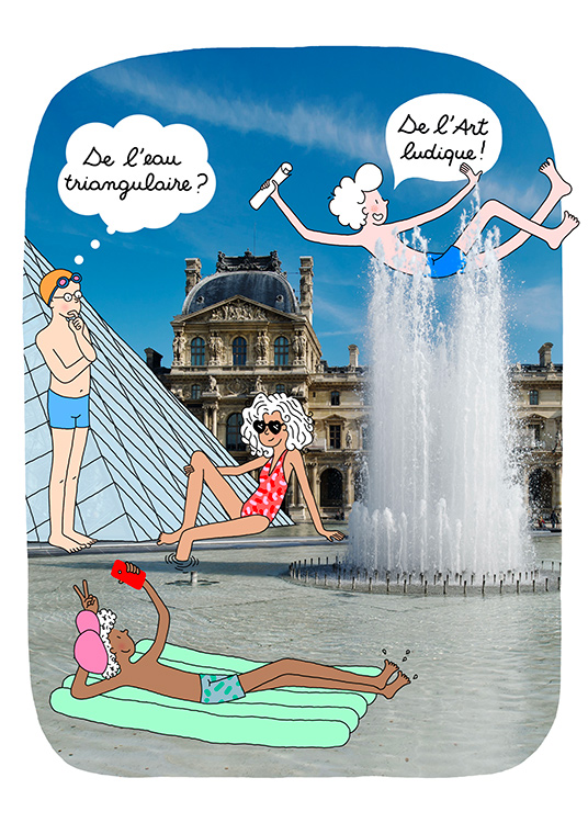 4 teens swimming in pond in front of museum Louvre in Paris