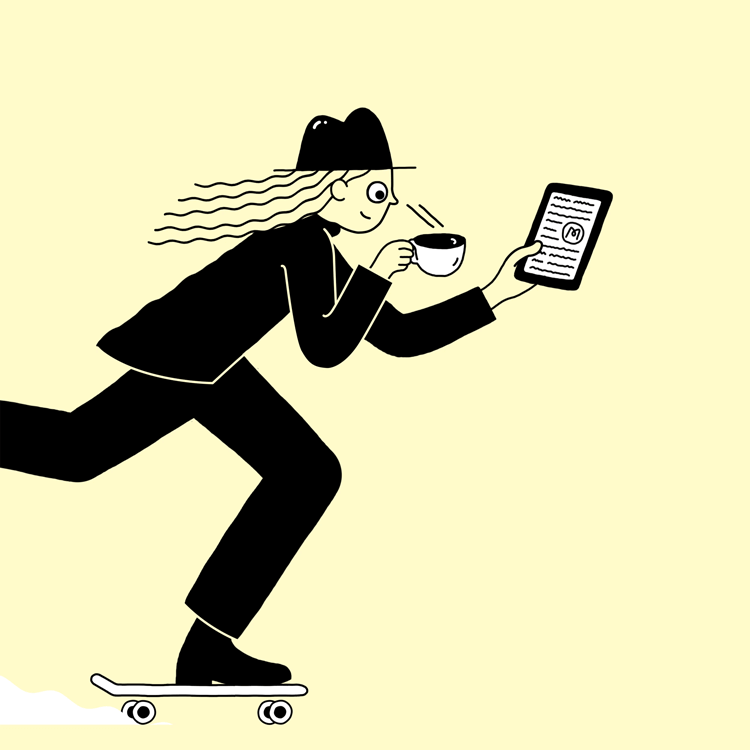 man on skateboard reading on tablet 