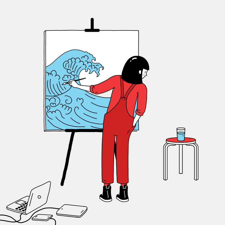 girl painting wave