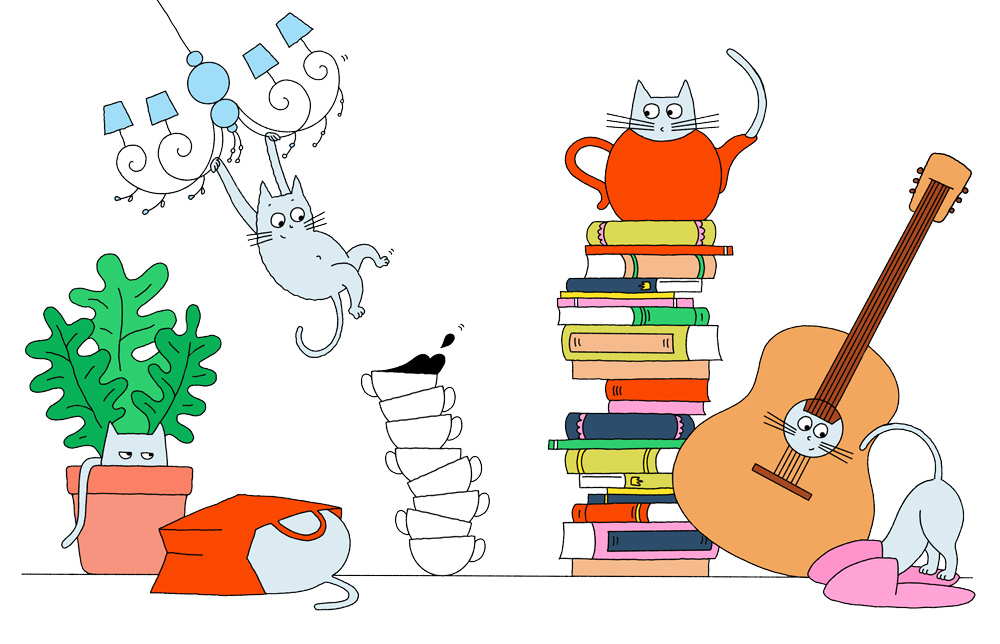 playing cats around lamp, guitar, teapot and slippers 