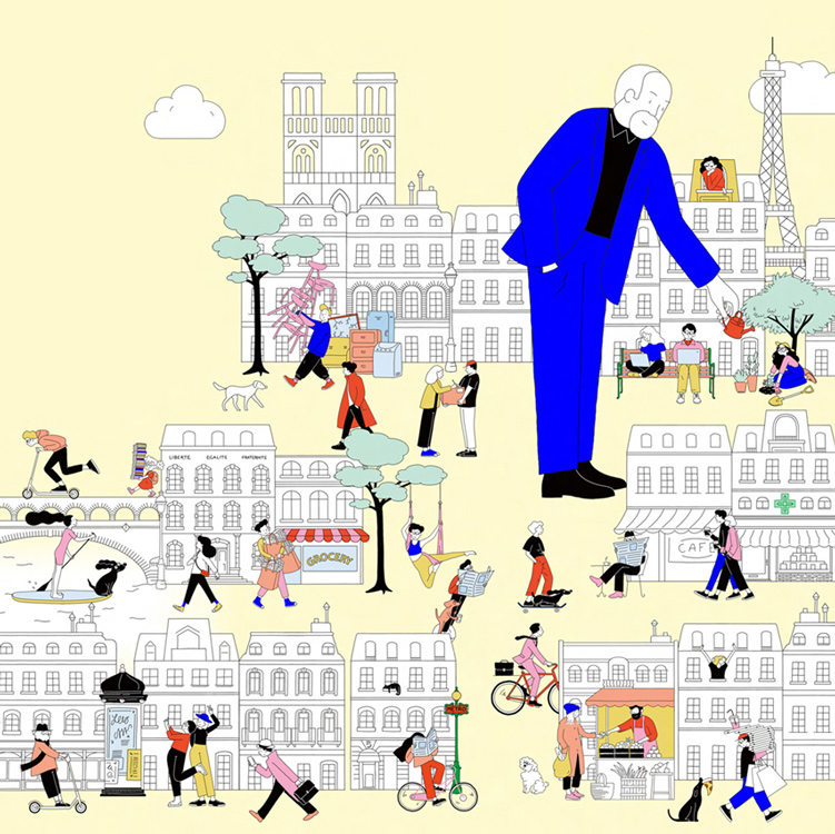 Carlos Moreno as a giant in the streets of Paris 