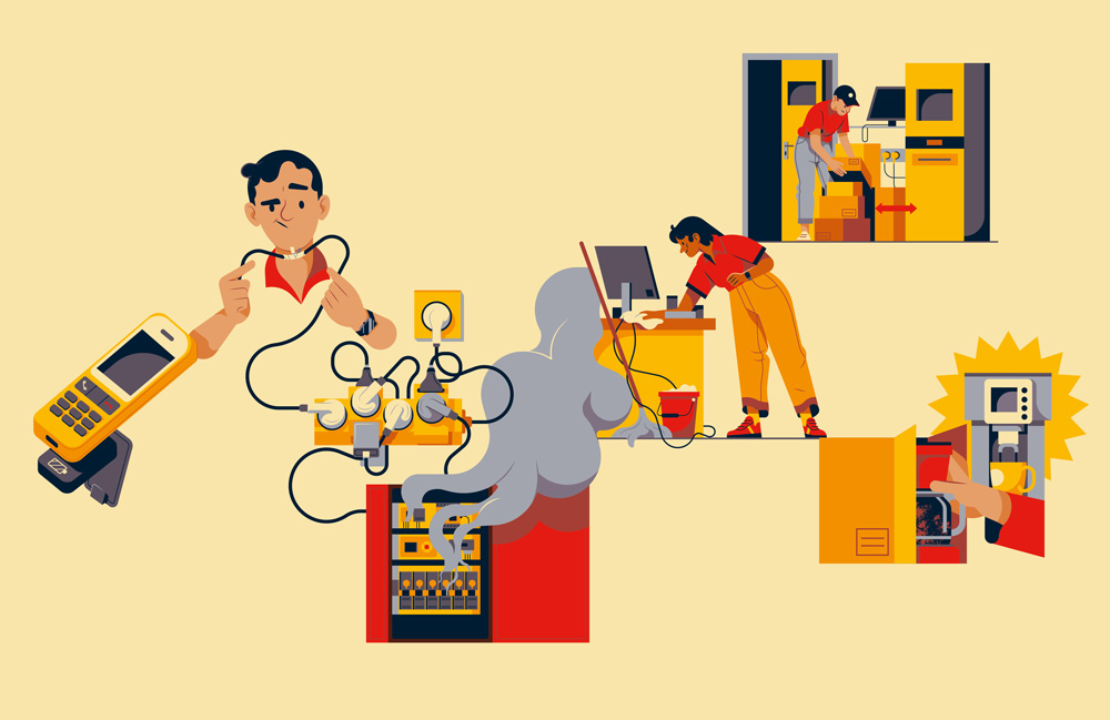 man with tangled cables, cleaning electrical appliances