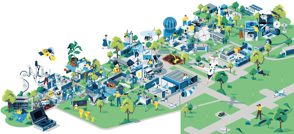 map with people, airplanes and devices in the green