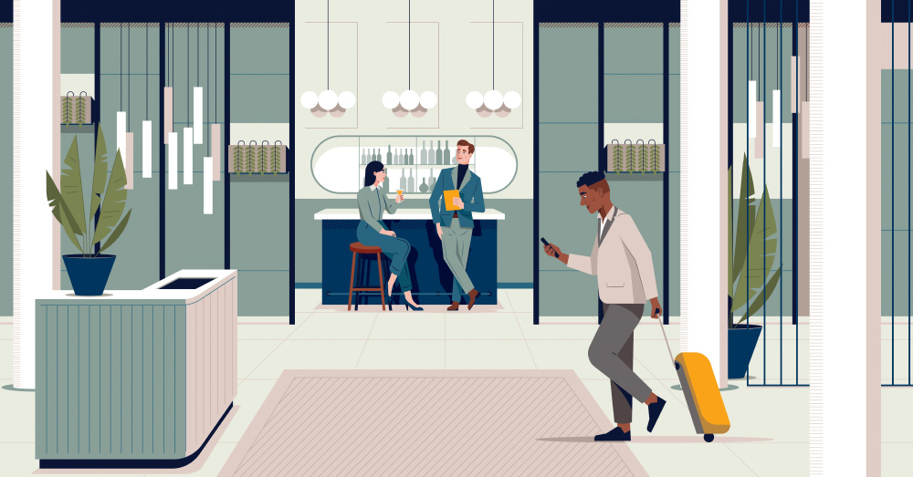 man and woman at the bar in the hotel lobby and hotel guest with wheeled suitcase