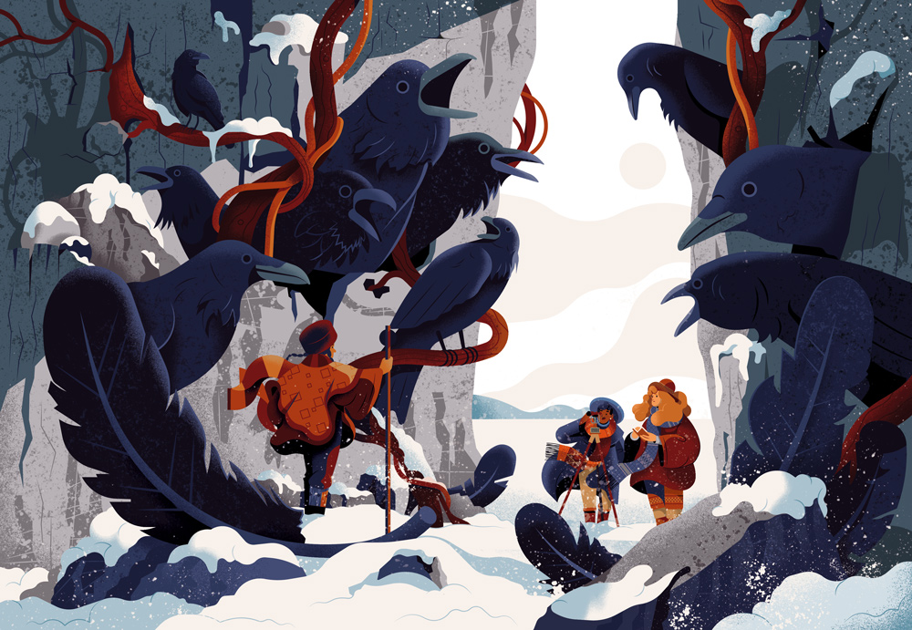 girl friends in snowy landscape with huge ravens