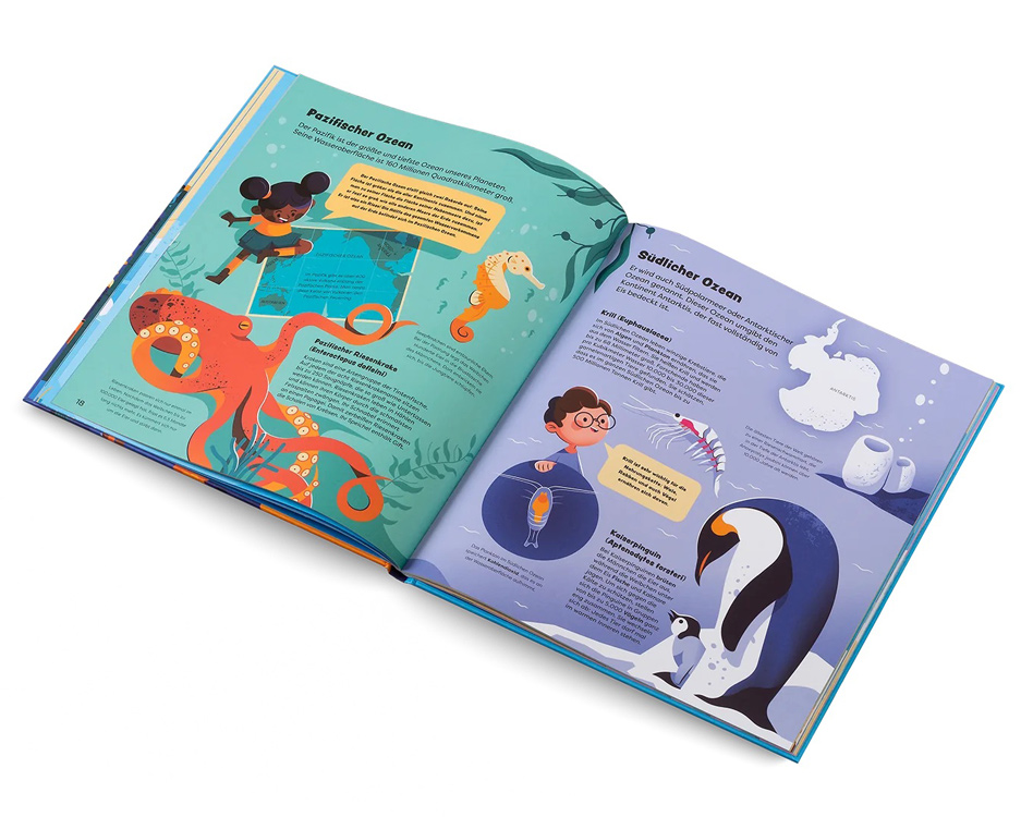 book pages with squid, seahorse, krill and emperor penguin