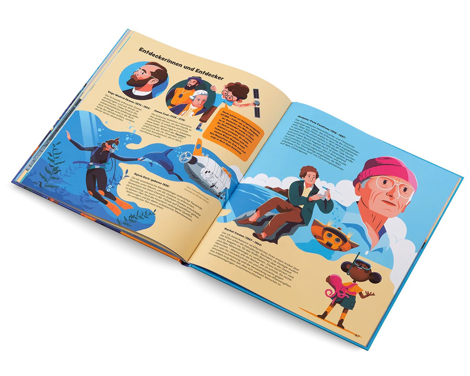 portraits of Ekman, Cook, Earle, Cousteau and Carson as explorers of the sea