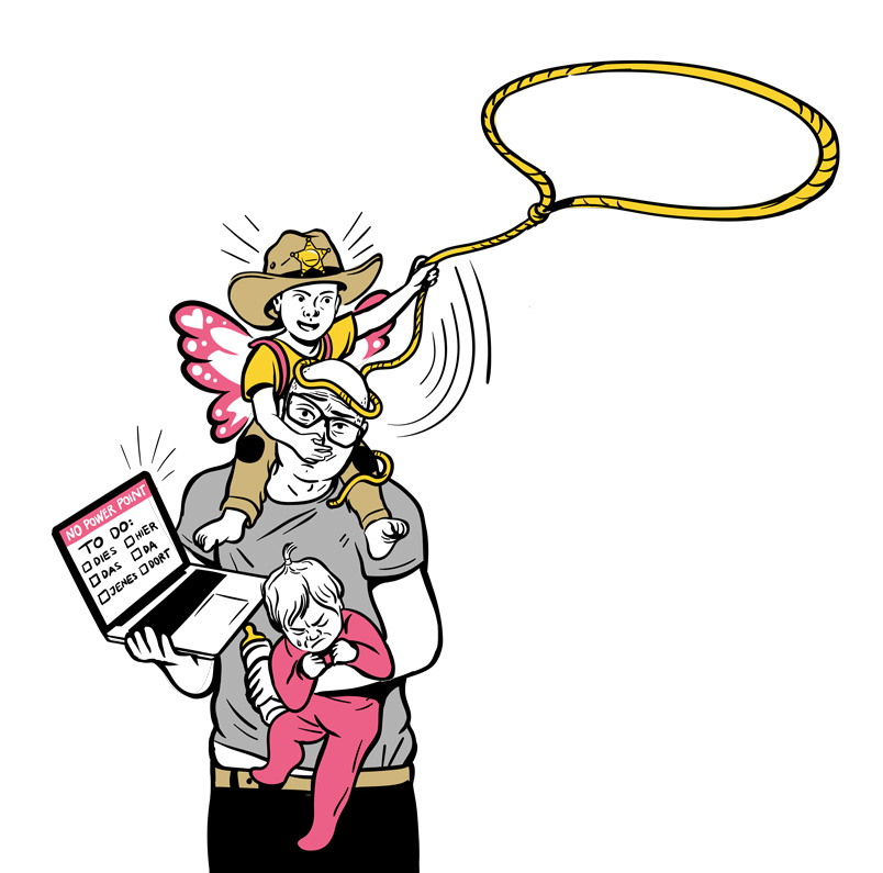 kids playing cowboy on daddy`s neck 