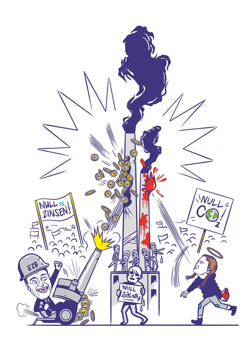 Mario Draghi fires a money bomb at industrial building and Greta Thunberg throws paint bags