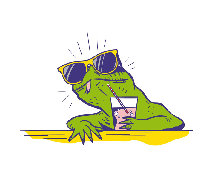 relaxed lizard with sunglasses and drink