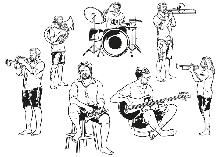 drawings of the musicians of band LaBrassBanda