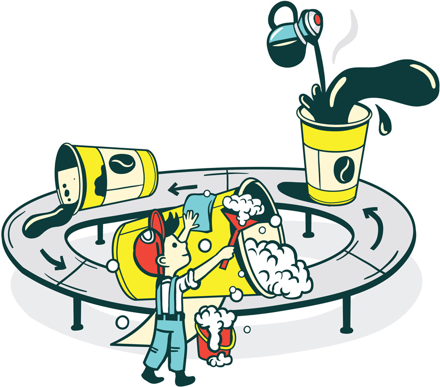 small worker boy cleaning coffee cups