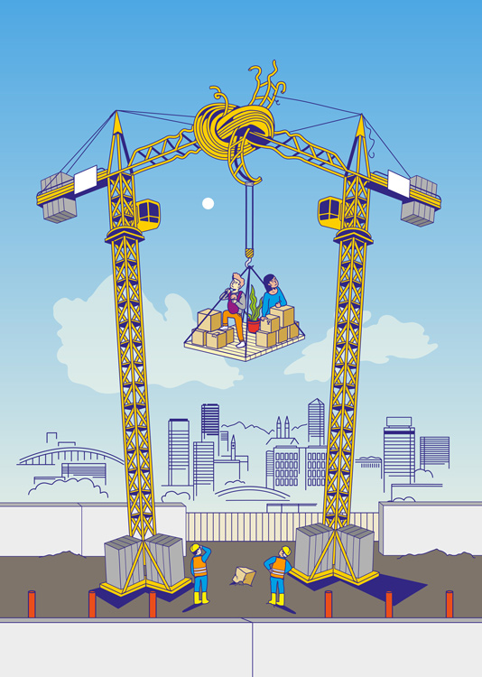 young family on construction crane