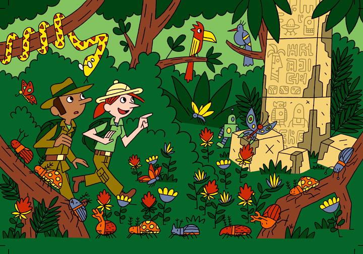 two researchers in the jungle full of insects, birds and a snake in the tree