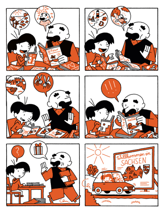 comic of father and son planning holidays 