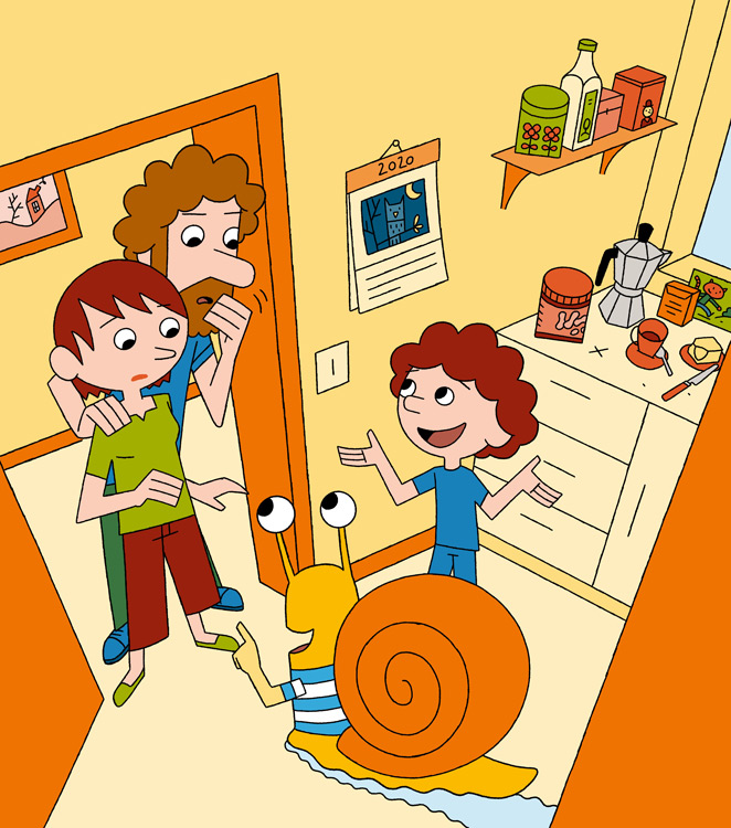 kid presenting a snail as his new friend to the parents 