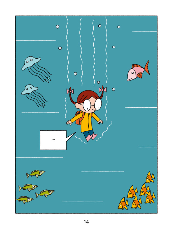 girl sinks into deep water next to fish