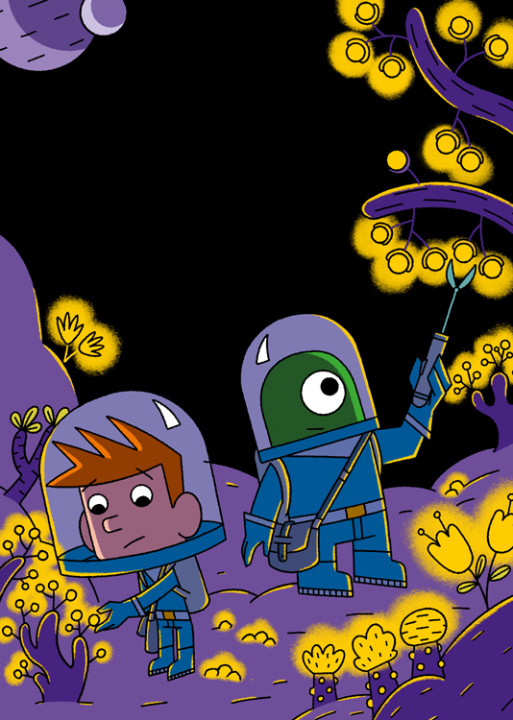 astronaut and alien on an alien plantet with illuminated plants