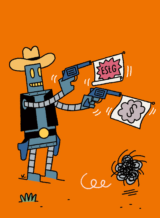 robot dressed as cowboy with guns in desert with cactus