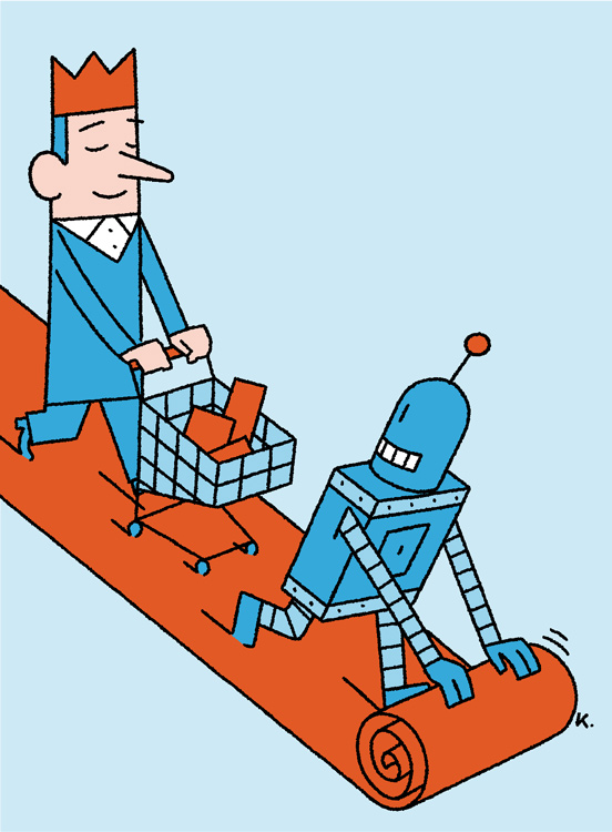 costumer with crown on red carpet operated by a robot